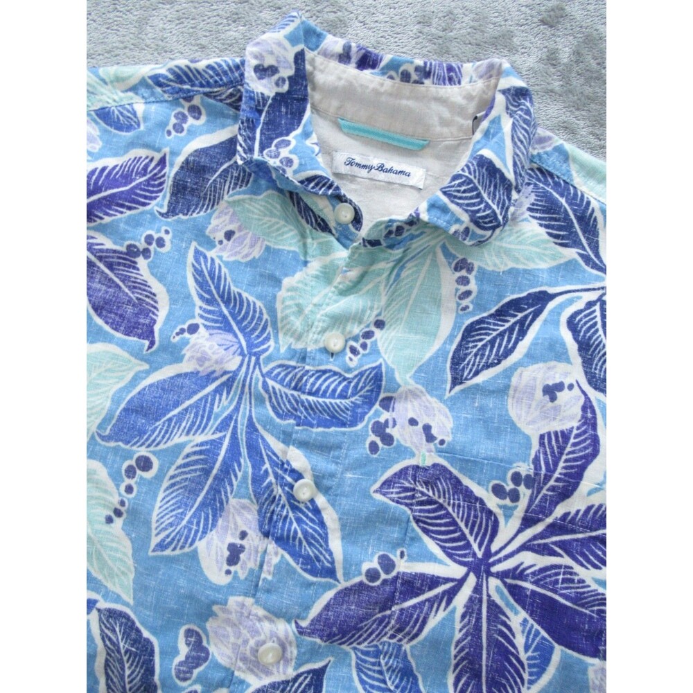 Tommy Bahama Shirt Sz Large 100% Linen Floral Blue Buttoned Down Long Slv
